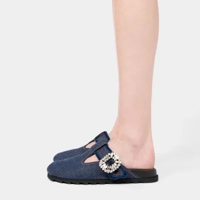 Roger Vivier Slidy Viv' Mules Birkenstocks In Blue Denim With Crystal Buckle