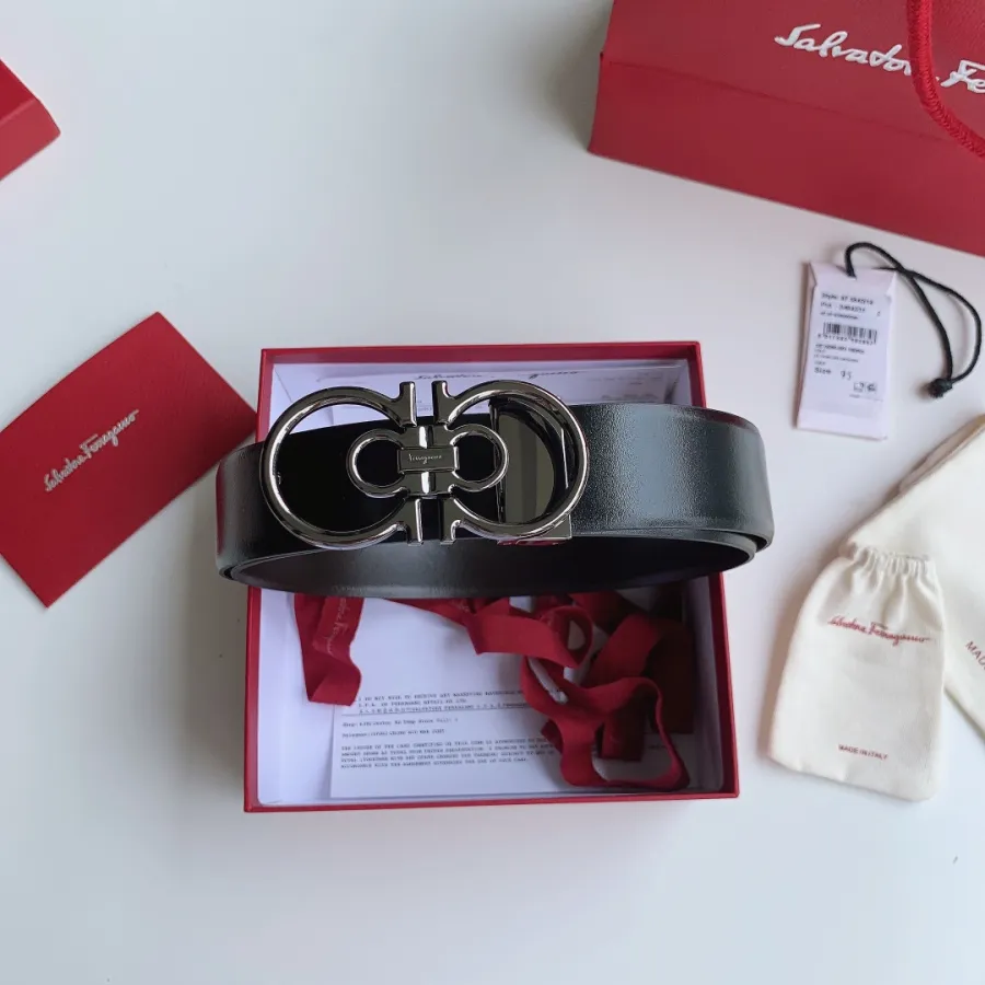 Ferragamo Men's Double Gancini Buckle Reversible Belt In Black/Brown/Coffee Calfskin With Gold/Silver/Black Hardware 35mm