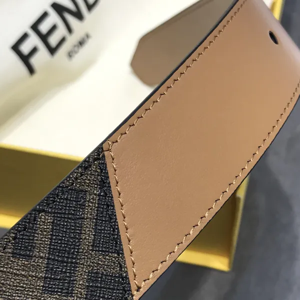 Fendi Men's Square Buckle Belt In Black/Brown Calfskin And Monogram Canvas With Gold/Silver Hardware 35mm - Image 5