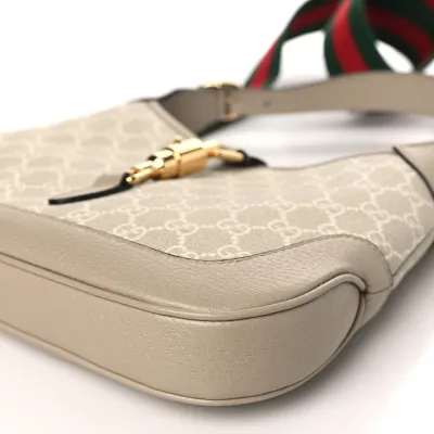 Gucci Small Web Jackie 1961 Hobo Beige / Mystic White / Oatmeal GG Supreme Monogram Canvas & Textured Dollar Calfskin Leather Gold Hardware