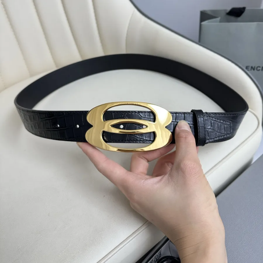 Balenciaga Men's Unity Belt In Black Embossed Crocodile Calfskin With Gold/Silver Hardware 35mm