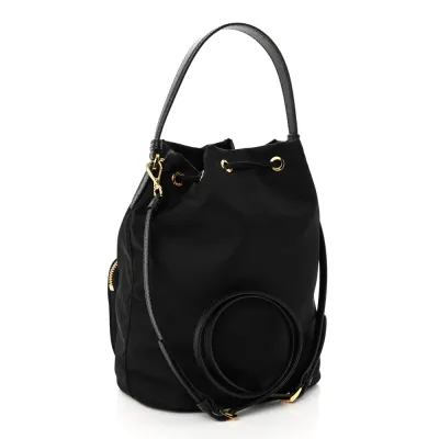 Prada Mini Bucket Crossbody Bag Black Saffiano Leather & Tessuto Nylon Brass Hardware
