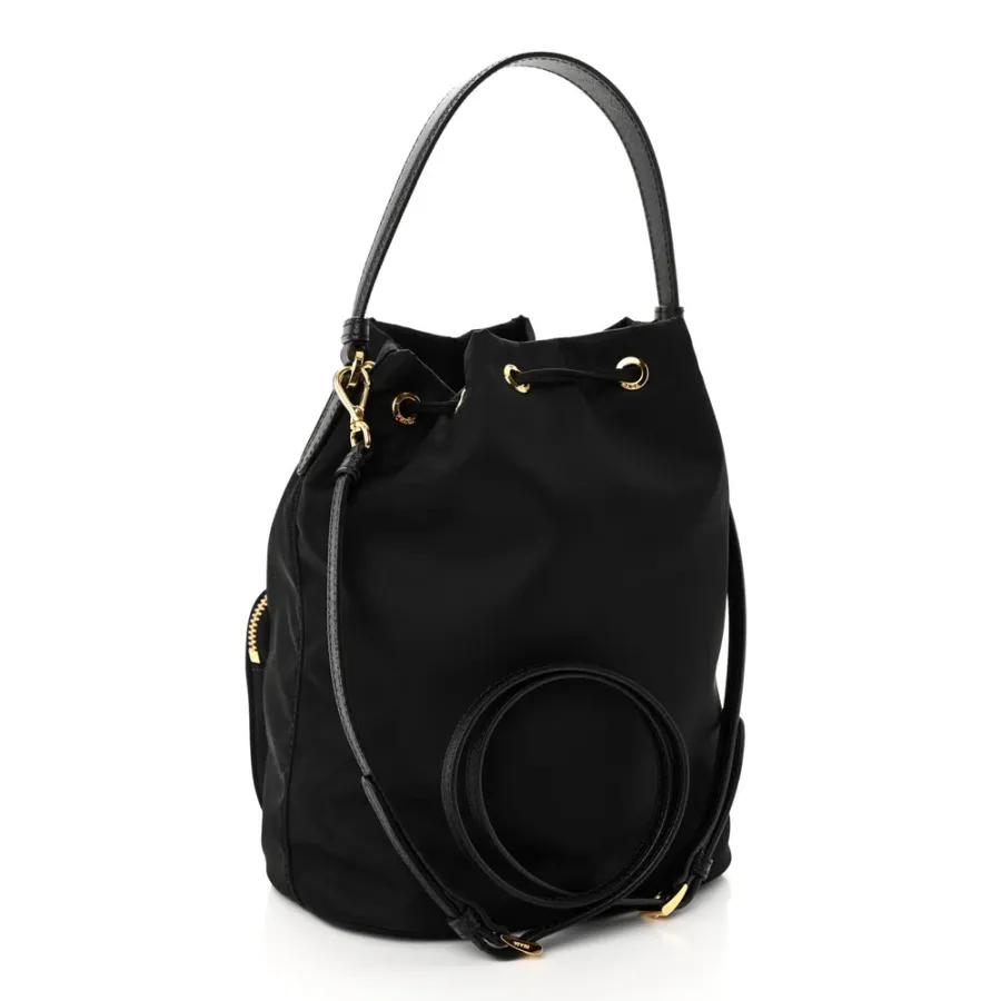 Prada Mini Bucket Crossbody Bag Black Saffiano Leather & Tessuto Nylon Brass Hardware