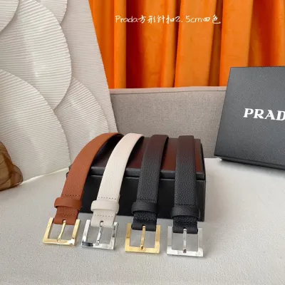 Prada Women' s Square Buckle Belt In Brown/White/Black Calfskin With Gold/Silver Hardware 25mm