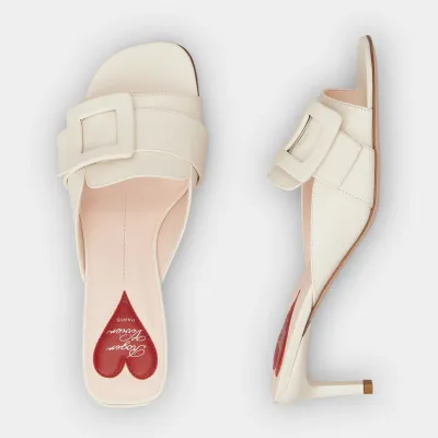 Roger Vivier Viv' Canard Mules Sandals In White Leather With Lacquered Metal Buckle (Heel Height 5.5cm)