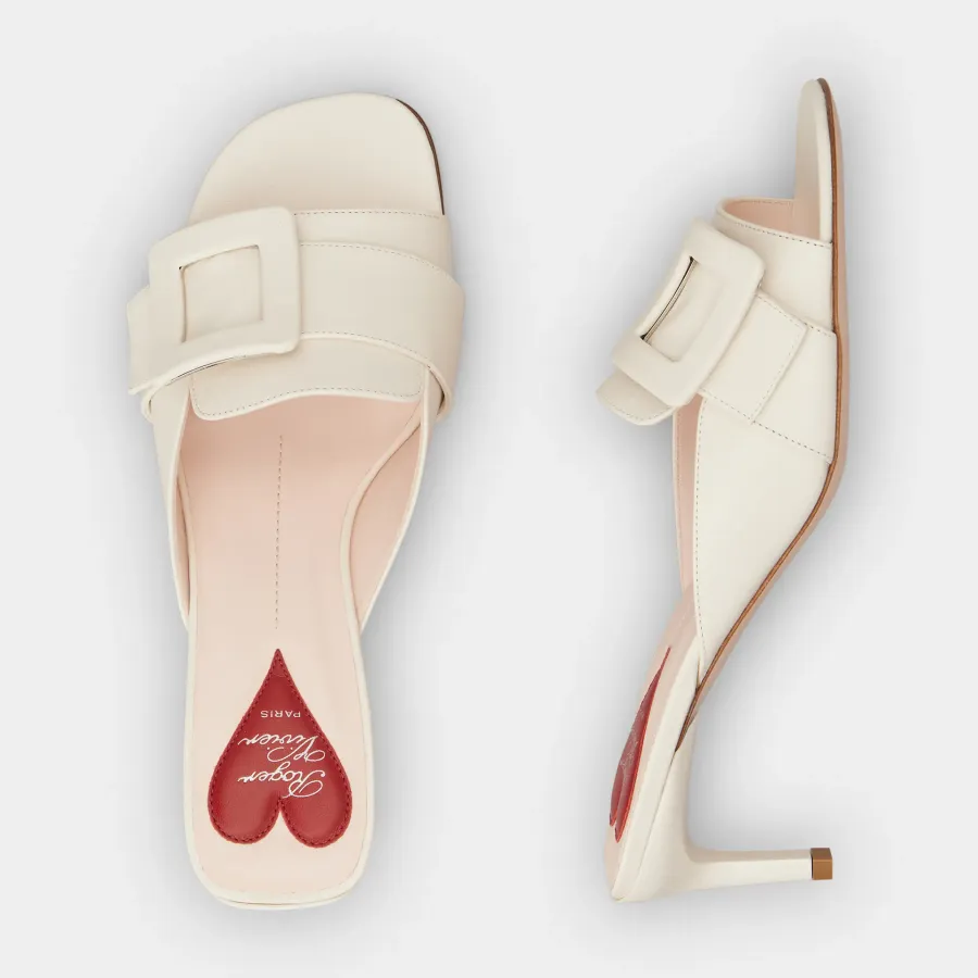 Roger Vivier Viv' Canard Mules Sandals In White Leather With Lacquered Metal Buckle (Heel Height 5.5cm)