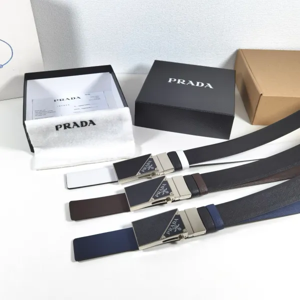 Prada Men' s Square Buckle Belt In Black/Brown/Blue/White Saffiano Calfskin With Silver Hardware 35mm - Image 4