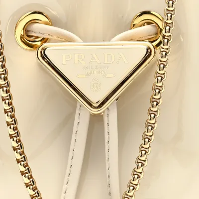 Prada Mini Metal Triangle Logo Drawcord Pouch Shoulder Bag Avorio Vernice Leather Gold Hardware