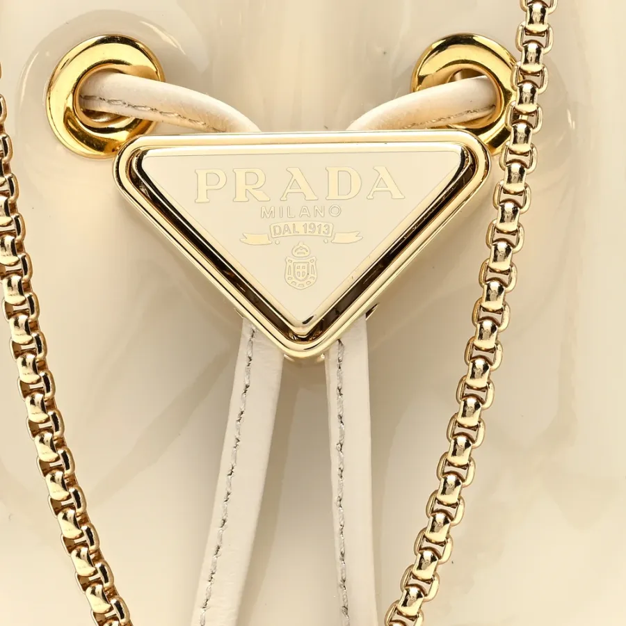 Prada Mini Metal Triangle Logo Drawcord Pouch Shoulder Bag Avorio Vernice Leather Gold Hardware