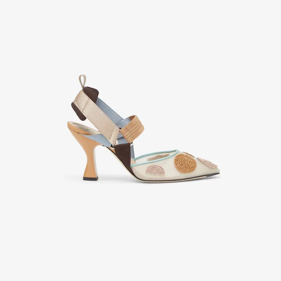 FENDI Beaded light blue tulle high-heeled slingers