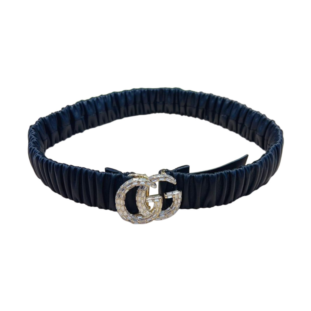 Gucci Cinto Elástico de Bezerro Preto com Fivela GG e Cristais e Hardware Prateado 30mm/40mm para Mulheres