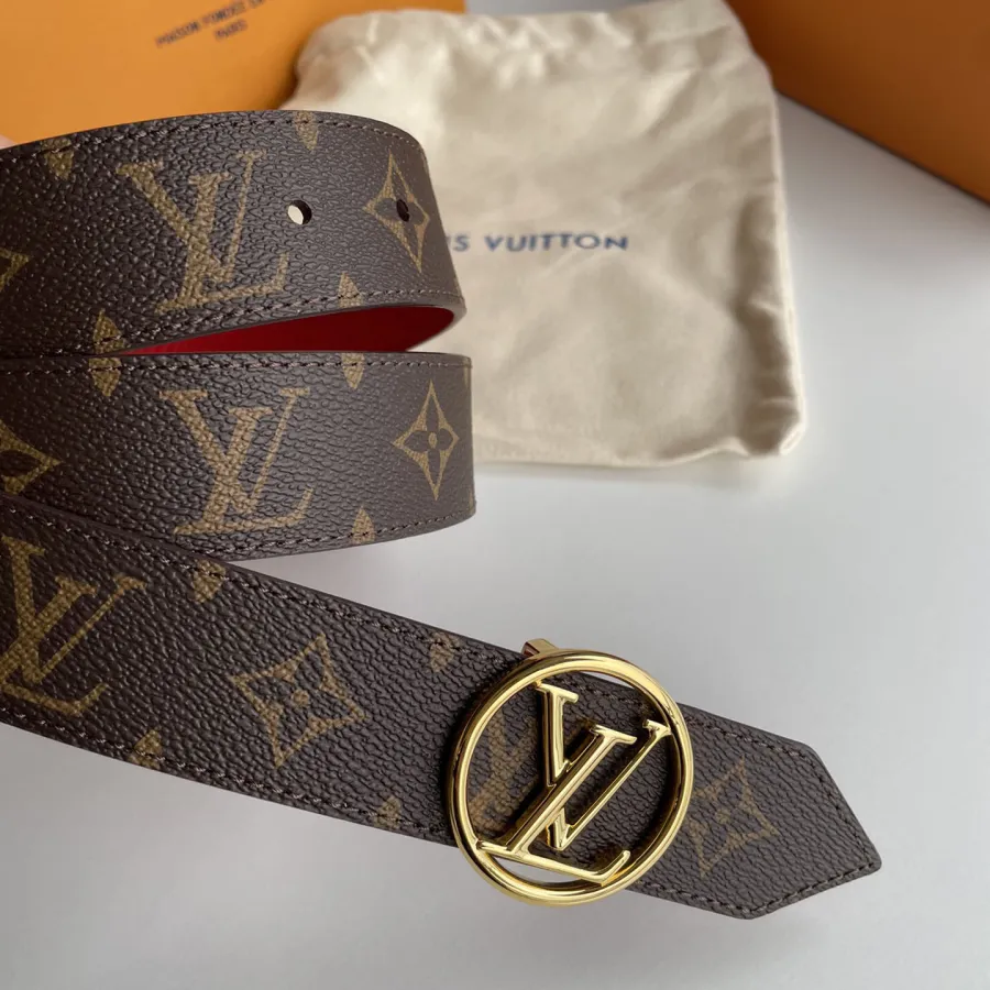 Louis Vuitton Women's Circle Buckle Belt In Black/Red Calfskin And Monogram Canvas With Gold/Silver Hardware 35mm