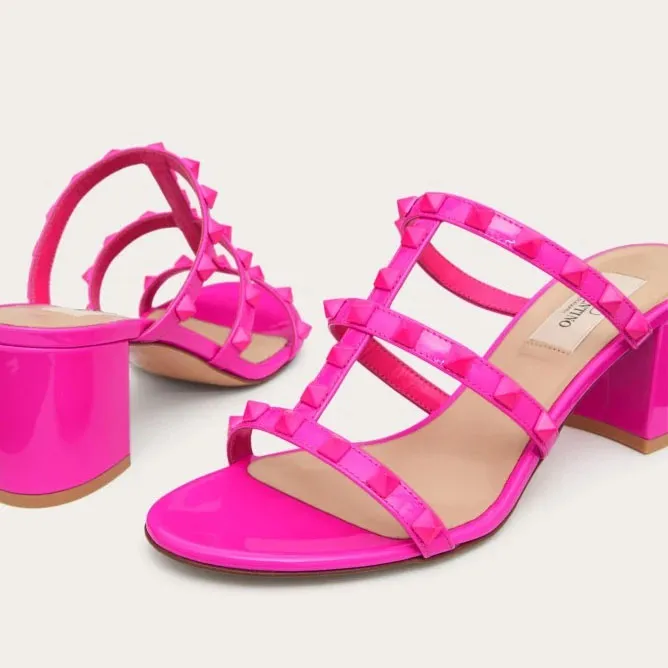 VALENTINO Barbie powder patent rivet slipper sandals (heel height 6cm)