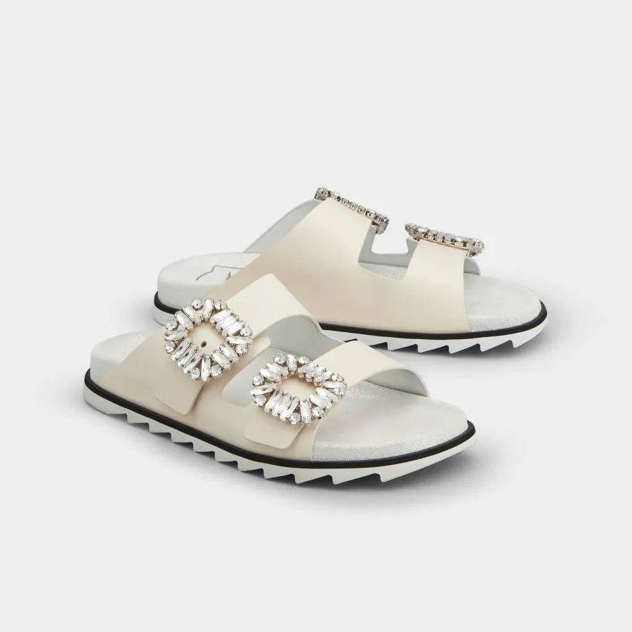 Roger Vivier Slidy Viv' Mules Sandals In White Leather With Crystal Buckle