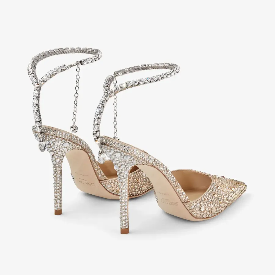 JIMMY CHOO Crystal gold satin heels pointy stiletto heels
