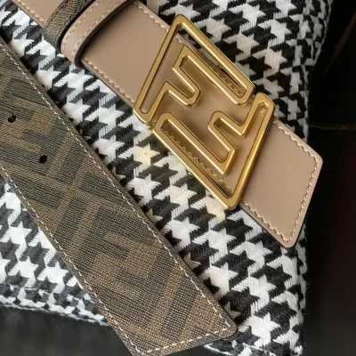 Fendi Men's Faster Reversible Belt In Beige/Black/Brown Calfskin And Monogram Canvas With Gold/Silver Hardware 35mm