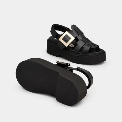Roger Vivier Viv' Rangers Sandals In Black Leather With Metal Buckle