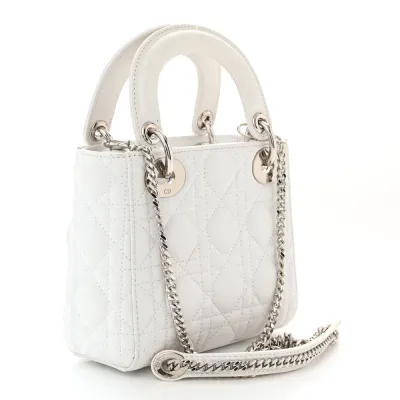 Dior Mini Lady Dior White Lambskin Cannage Leather Silver Hardware