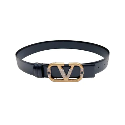 Valentino V Buckle With Crystal And Green/Red/Black/Yellow Gem Belt In Black Calfskin With Gold Hardware 40mm