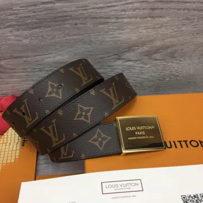 Louis Vuitton Women's Square Buckle Reversible Belt In Black Calfskin And Monogram Canvas With Gold Hardware 35mm