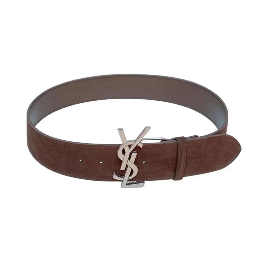 Saint Laurent Pairs Belt In Brown/Coffee Suede Leather With Gold/Silver Hardware 50mm