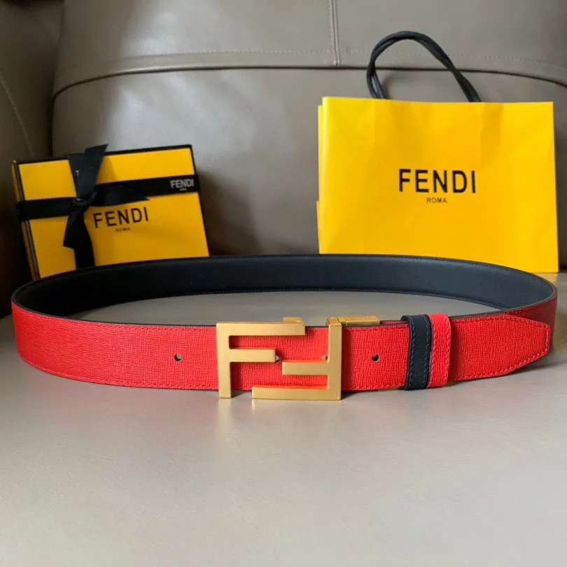 Fendi Men's Rectangled FF Buckle Reversible Belt In Black/Blue/Red/Yellow Calfskin With Gold/Silver/Gun Black Hardware 35mm