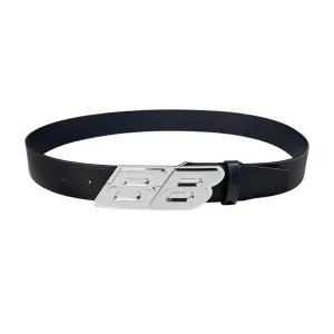 Balenciaga Men's Moto Logo Belt In Black Natural Calfskin With Gold/Silver Hardware 35mm