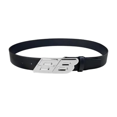 Balenciaga Men's Moto Logo Belt In Black Natural Calfskin With Gold/Silver Hardware 35mm