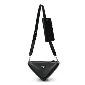 Prada Medium Double Triangle Shoulder Bag Black Vitello Saffiano Cuir Leather Silver Hardware