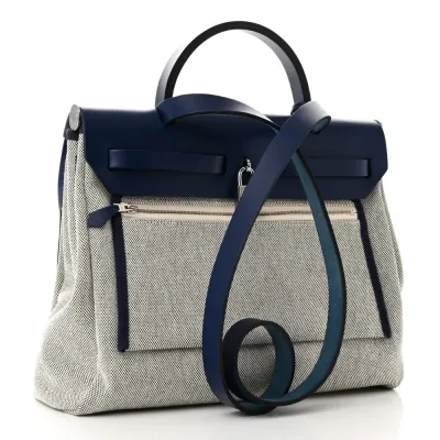 Hermès Brides de Gala Herbag Zip Retourne 31 PM Bleu de France / Ecru / Black Vache Hunter Leather & Toile H Palladium Silver Hardware