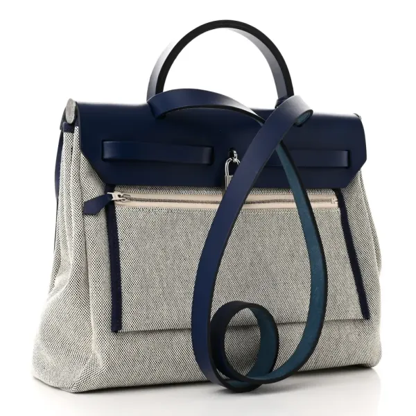 Hermès Brides de Gala Herbag Zip Retourne 31 PM Bleu de France / Ecru / Black Vache Hunter Leather & Toile H Palladium Silver Hardware - Image 4