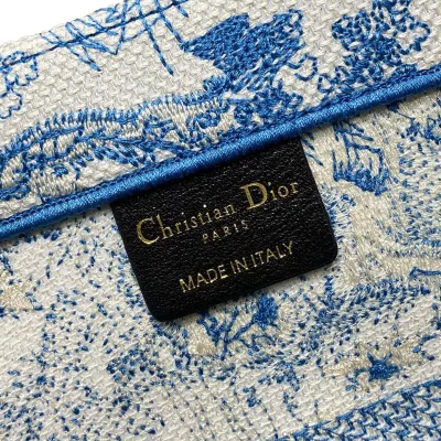 Dior Medium Dior Book Tote In White and Blue/Yarrow Pink/Green/Pink Toile de Jouy Sauvage Embroidery