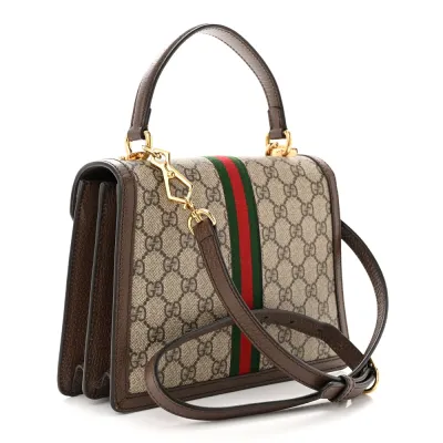 Gucci Small Web Ophidia Padlock Top Handle Bag Beige / Ebony / New Acero GG Supreme Monogram Canvas & Textured Dollar Calfskin Leather Aged Gold Hardware