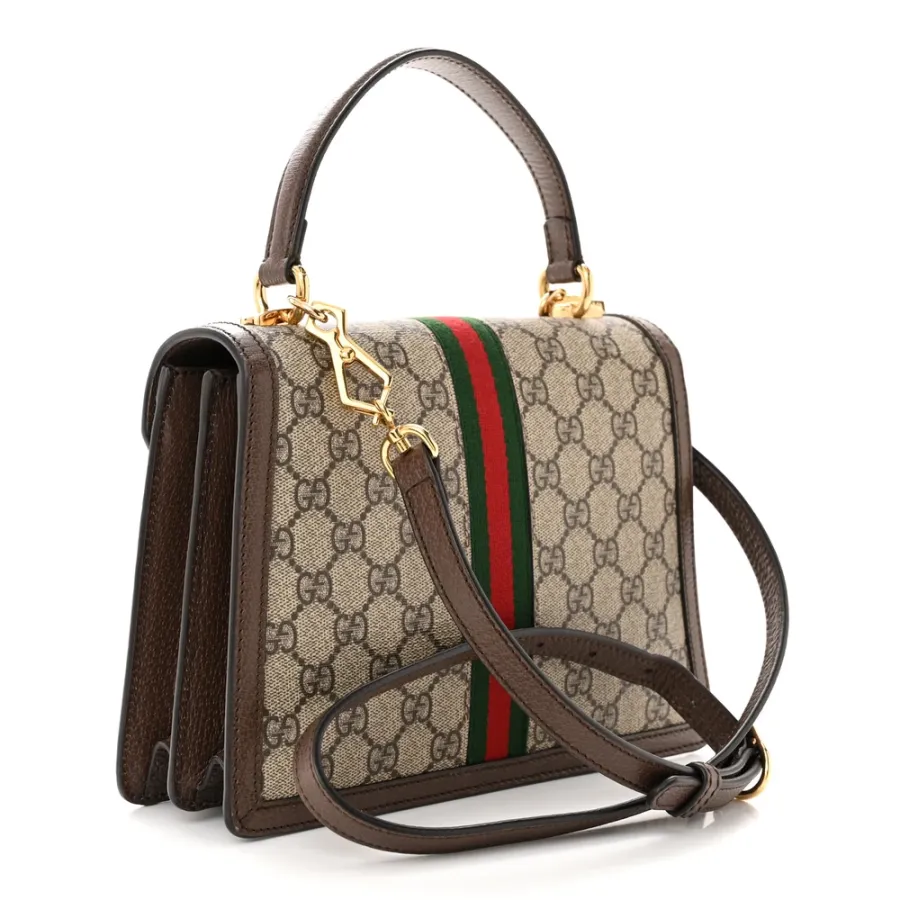 Gucci Small Web Ophidia Padlock Top Handle Bag Beige / Ebony / New Acero GG Supreme Monogram Canvas & Textured Dollar Calfskin Leather Aged Gold Hardware