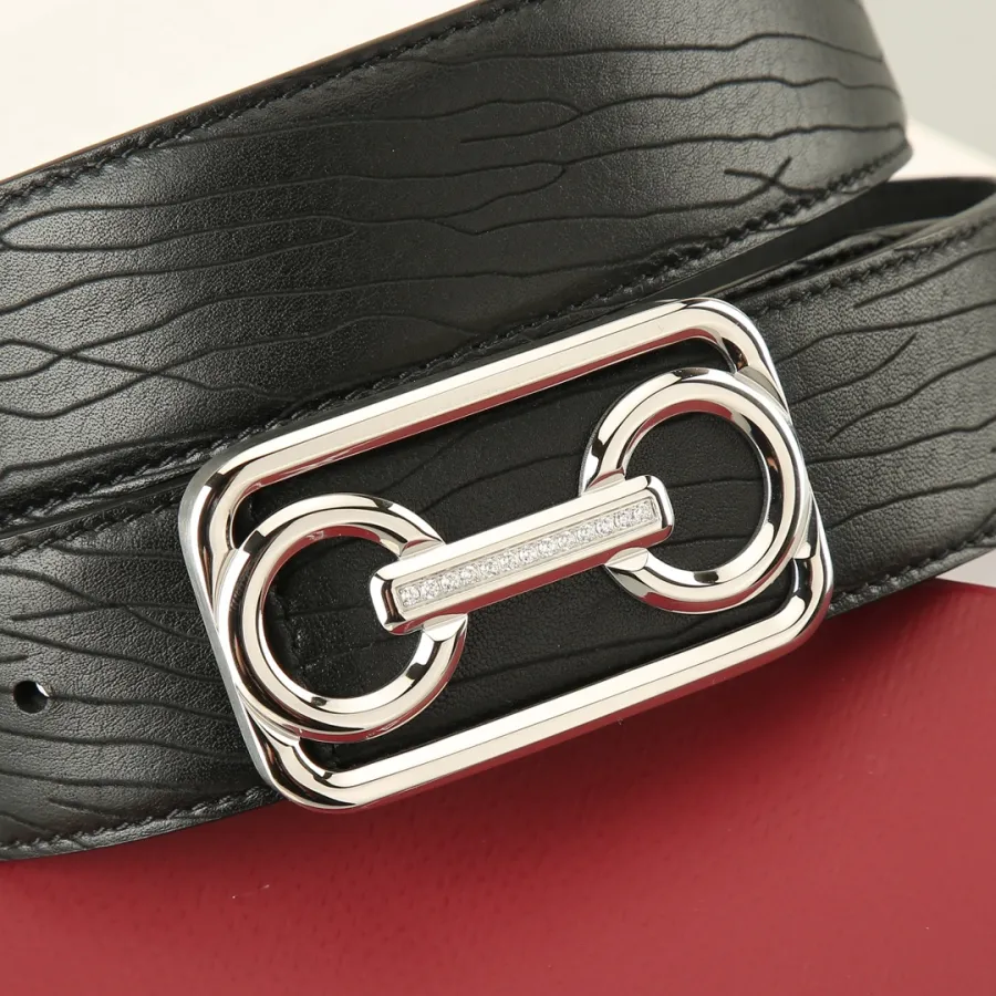 Ferragamo Men's Horsebit Buckle With Crystal Belt In Black Calfskin With Gold/Silver Hardware 38mm