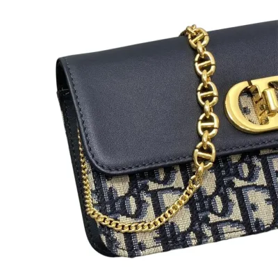 Dior Miss Caro Pouch with Chain In Blue Dior Oblique Jacquard and Smooth Calfskin Gold Hardware