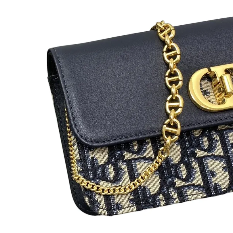 Dior Miss Caro Pouch with Chain In Blue Dior Oblique Jacquard and Smooth Calfskin Gold Hardware