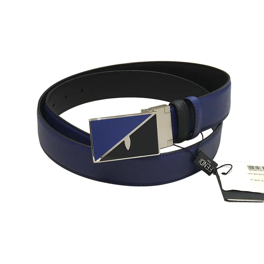 Fendi Men's FF Monster Eyes Reversible Belt In Blue/Black/Yellow Calfskin With Silver Hardware 35mm