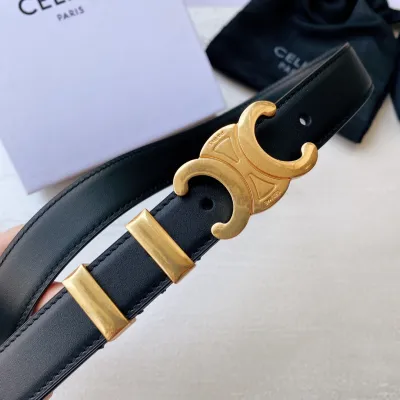 Celine Triomphe Buckle Belt In White/Brown/Black Calfskin With Gold Hardware 25mm