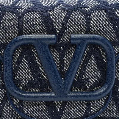 Valentino Garavani Small Locò Shoulder Bag Melange Denim/Worker Toile Iconographe Cotton VLogo Gold Hardware