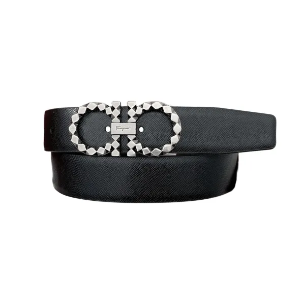 Ferragamo Men's Sharp Double Gancini Buckle Reversible Belt In Black/Coffee Saffiano Calfskin With Gold/Silver Hardware 35mm