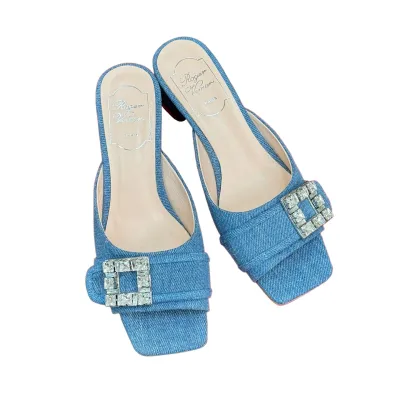 Roger Vivier Très Vivier Mules High Heels In Blue Denim With Crystal Buckle (Heel Height 3.5cm)