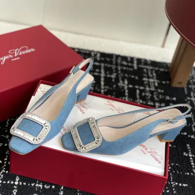 Roger Vivier Belle Viver Slingback Pumps High Heels In Blue Denim With Crystal Buckle (Heel Height 4.5cm)
