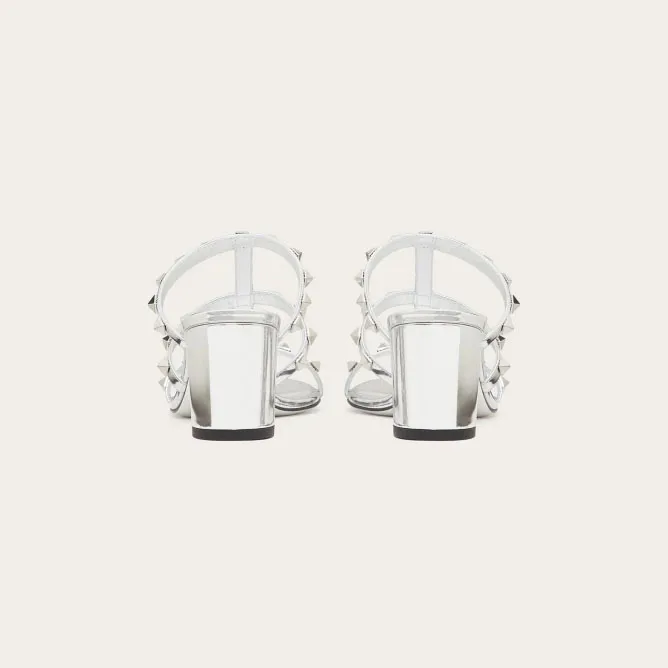 VALENTINO Silver mirror effect rivet sandals (heel height 6cm)