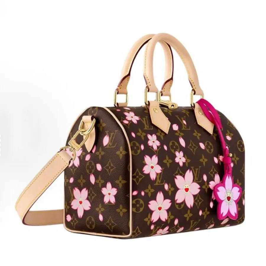 LOUIS VUITTON x Takumi Murakami SpeedyBandouliere CHERRY BLOSSOM gold metal accessories shoulder handbag for women brown