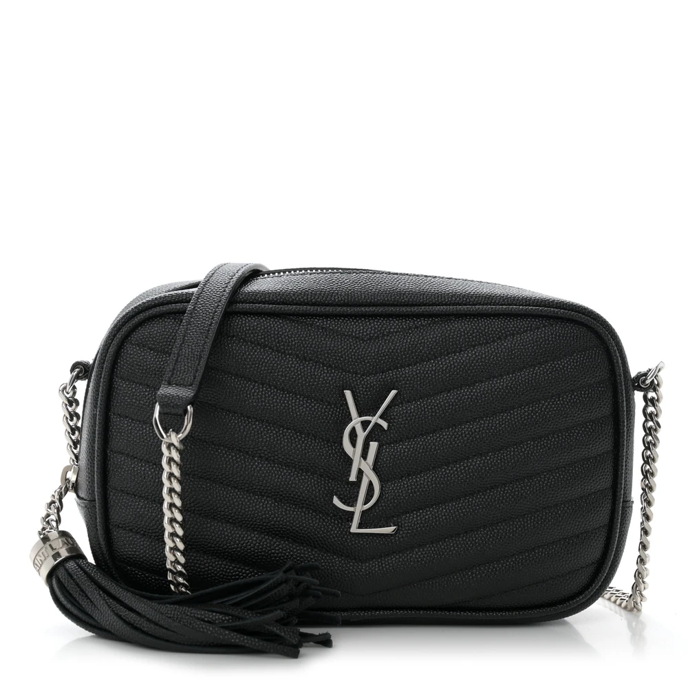 Saint Laurent Mini Lou Bolsa Câmera Preto Monograma Grain De Poudre Matelassê Couro Hardware Prateado