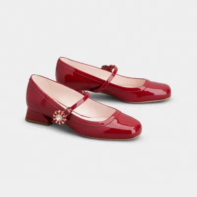 Roger Vivier Très Vivier Dasiy Mary Janes In Red Patent Leather With Flower Metal Buckle (Heel Height 2.5cm)