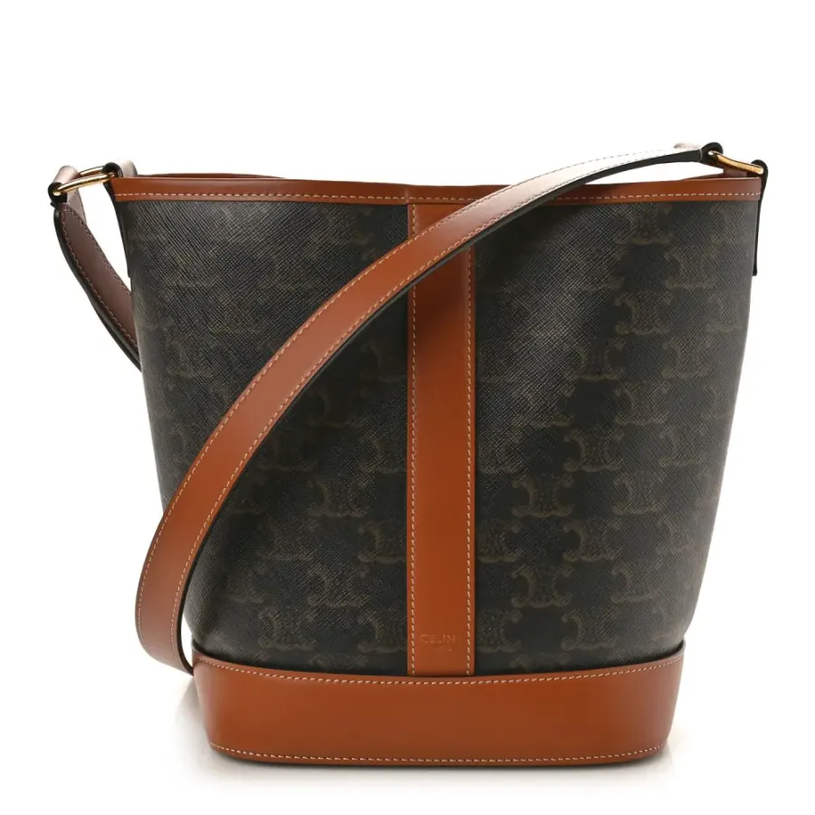 Celine Small Bucket Bag Tan Triomphe Canvas & Calfskin Leather Gold Hardware