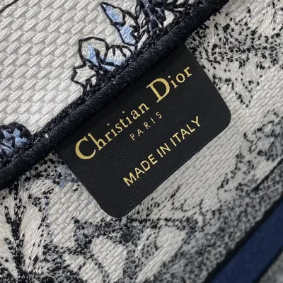 Dior Medium Dior Book Tote In White Embroidery with Denim Blue Dior Chardons Motif