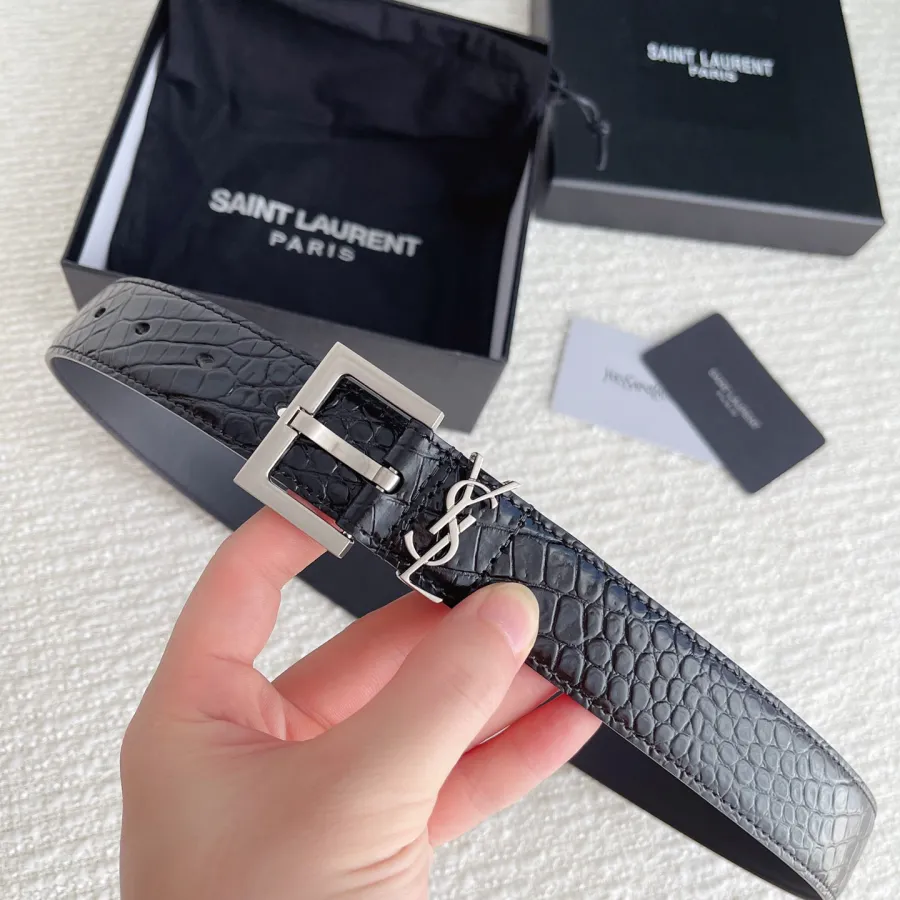 Saint Laurent Cassandre Belt In Black Crocodile-Embossed Calfskin With Gold/Silver/Black Hardware 30mm